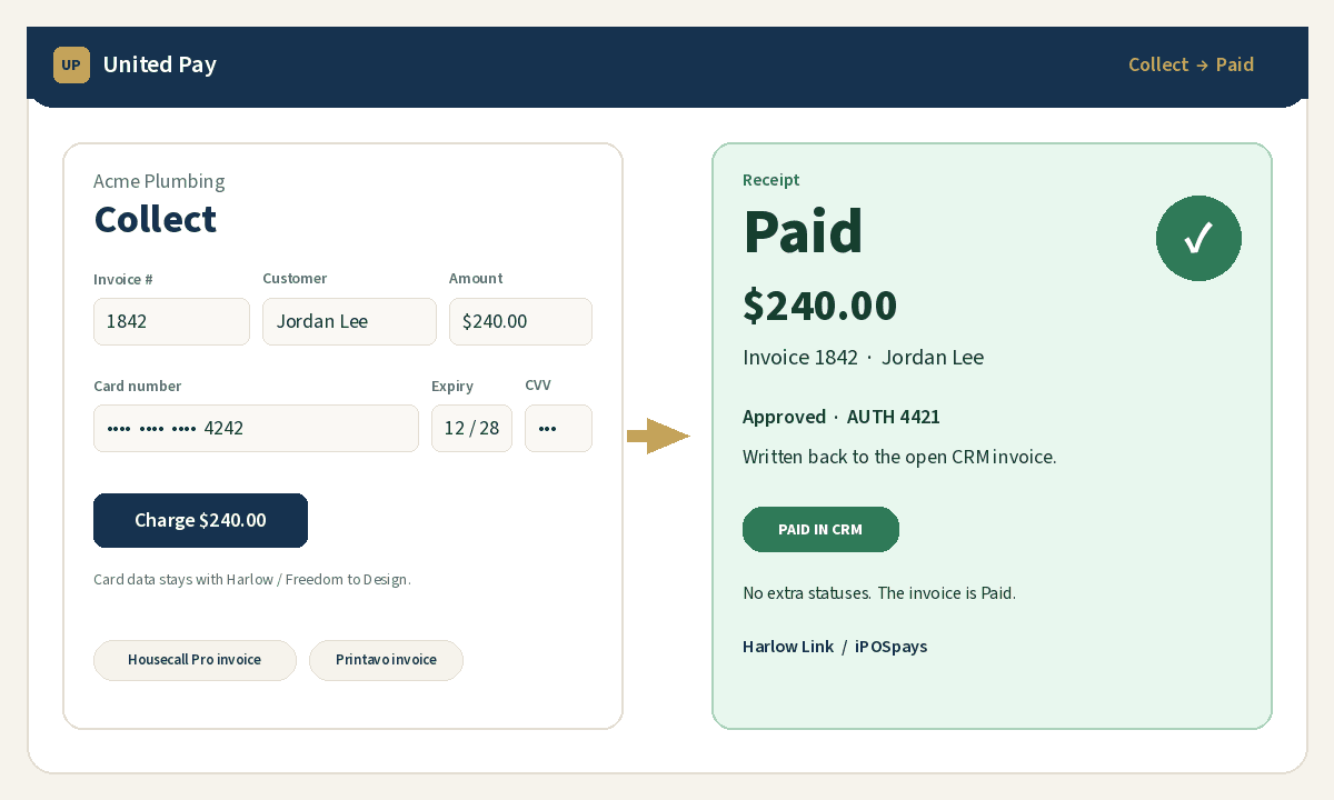 Collect an invoice, then mark it Paid in Housecall Pro or Printavo